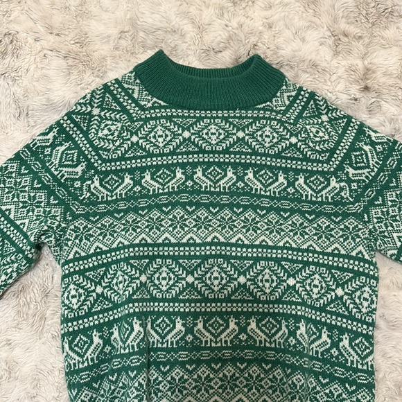 J.Crew Cheerful Fair Isle Sweater SMALL Green Mock Neck Birds Snowflakes NWOT - Picture 3 of 3